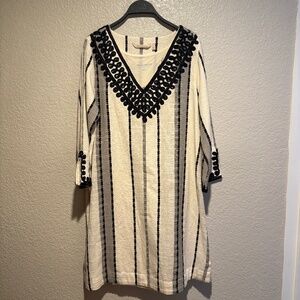Soft Surroundings Coco De Mer Boho Dress V Neck 3/4 sleeve Embroidered Cotton